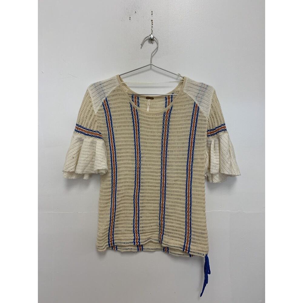 Free People 'Babes Only' Striped Open Knit Crochet Top-Short Bell Sleeves Large